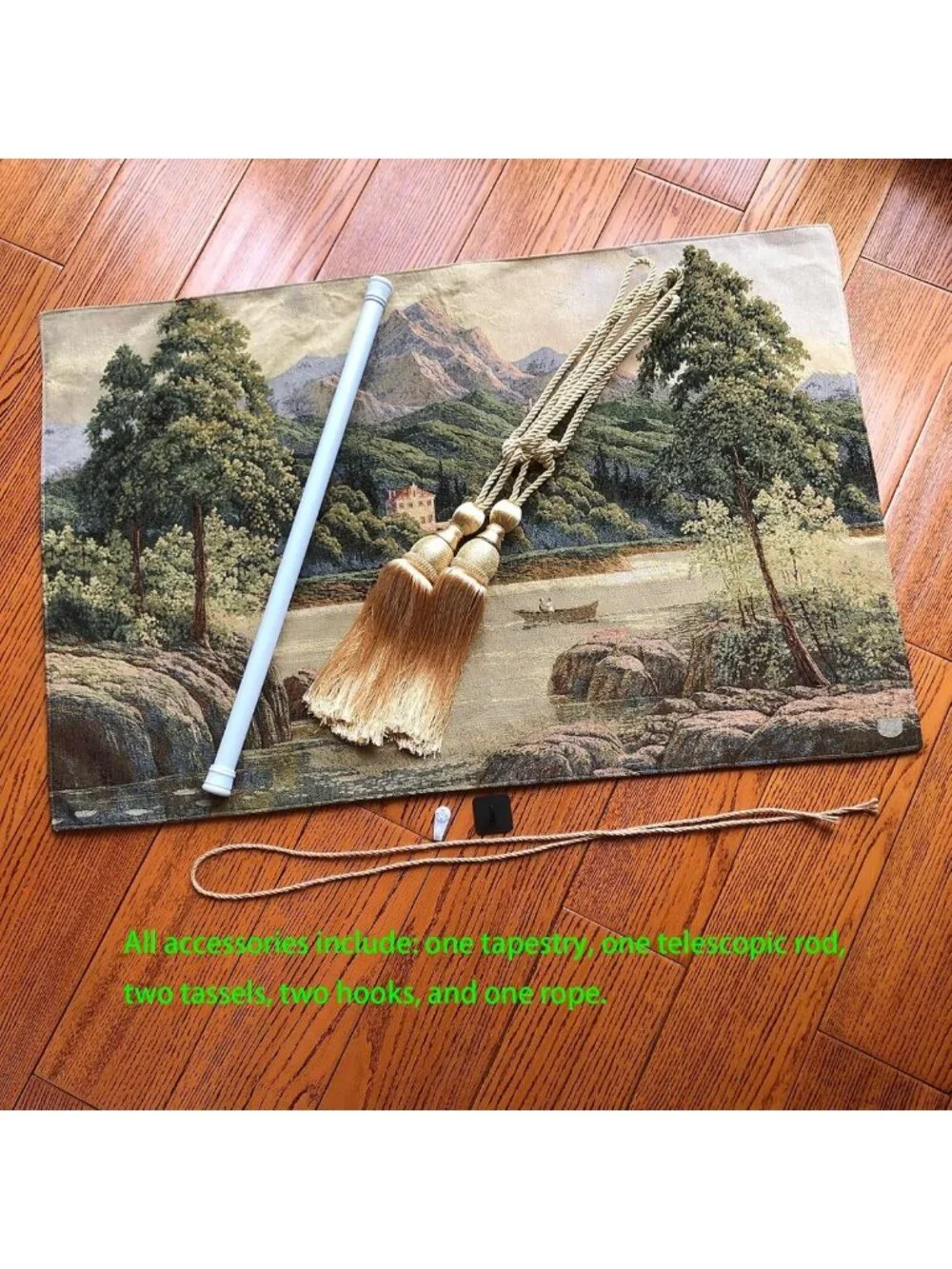 Vintage Nature Tapestry Wall Hanging Set with Rod & Tassels - Aesthetic Green